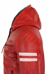 Men's Real Leather Bomber Jacket with Hood-Red