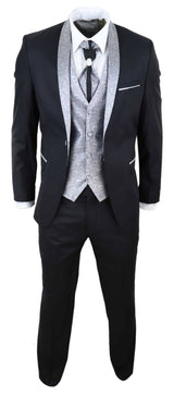 Mens 4 Piece Shawl Lapel Suit - Black/Silver