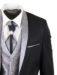 Mens 4 Piece Shawl Lapel Suit - Black/Silver