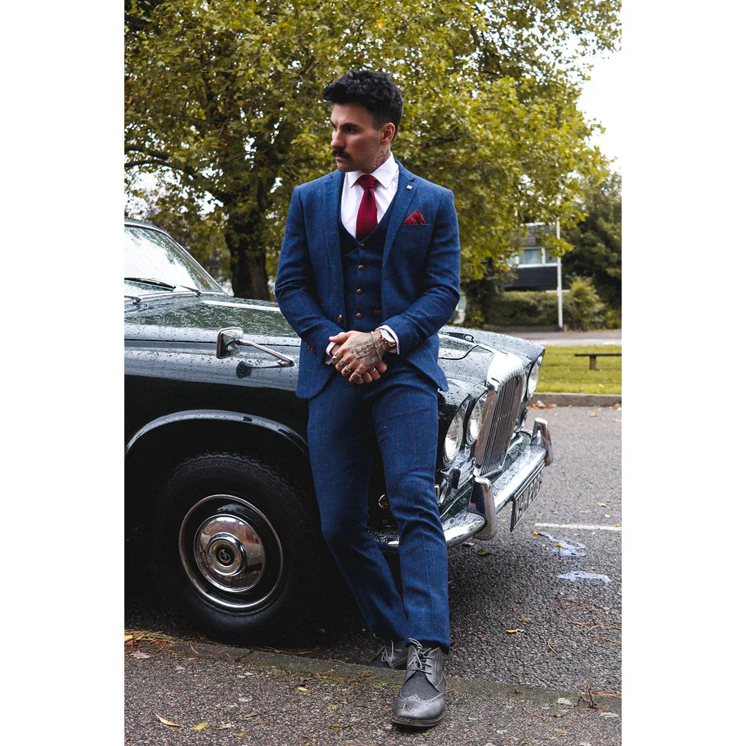 Scott Men's Blue 3-Piece Tweed Check Suit