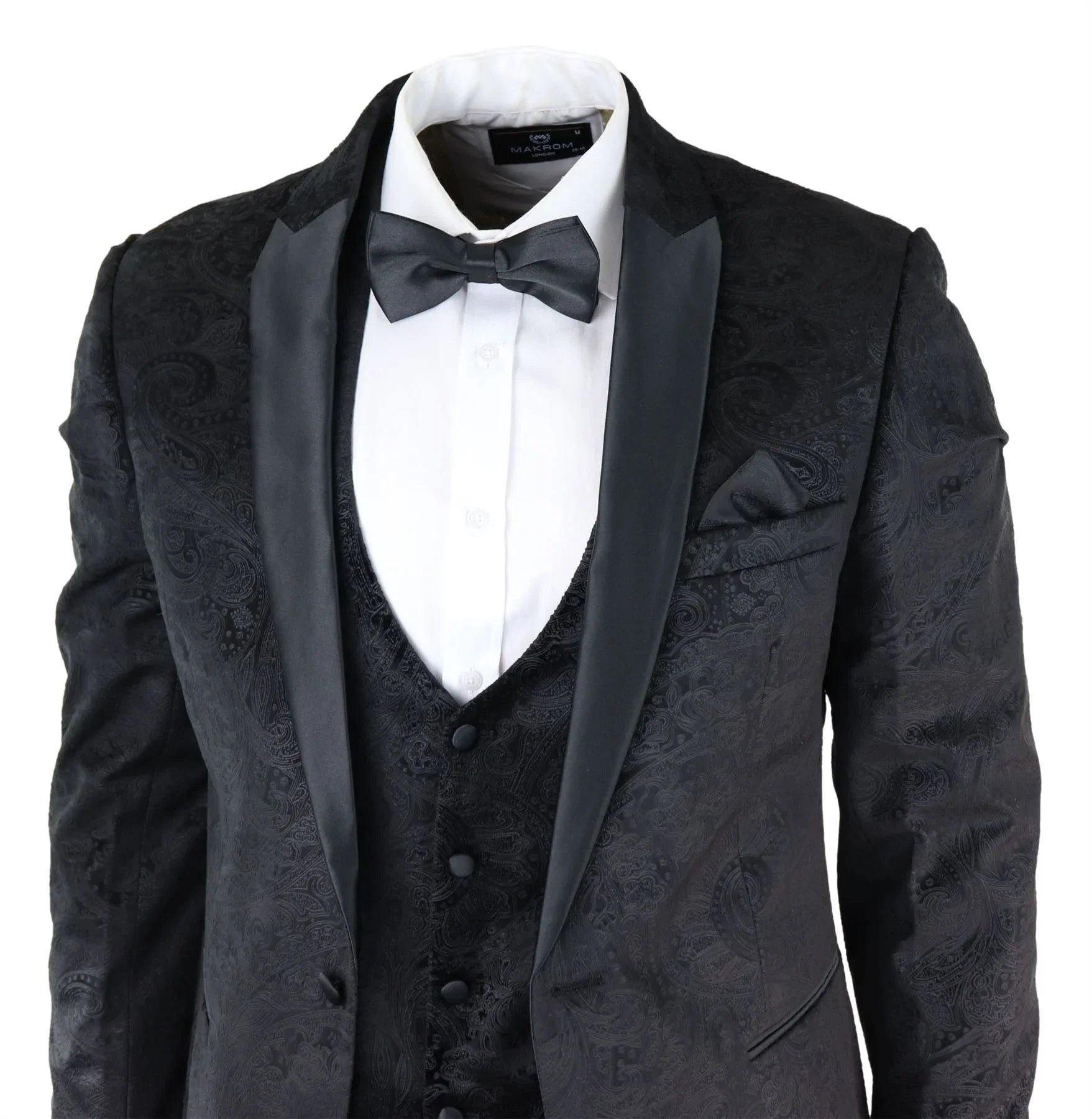 Mens Marc Darcy Velvet Paisley Black Fit 3 Piece Suit Tuxedo Dinner Jacket Wedding