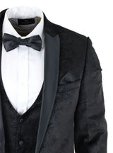 Mens Marc Darcy Velvet Paisley Black Fit 3 Piece Suit Tuxedo Dinner Jacket Wedding