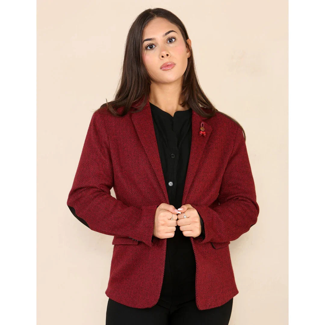 Women's Tweed Herringbone Blazer Jacket Wine Red Classic 1920s