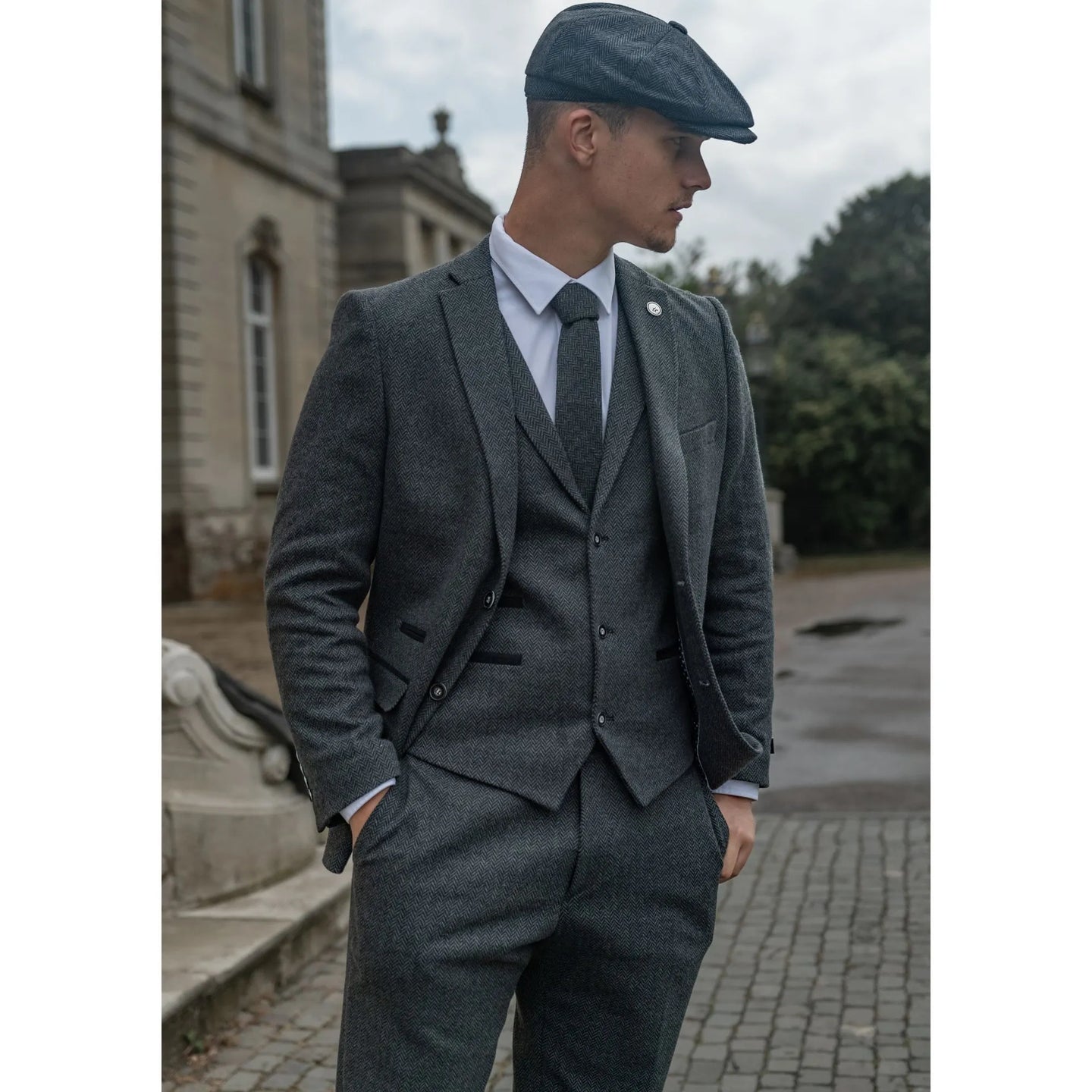 Men's Charcoal Grey 3 Piece Tweed Herringbone Suit - STZ11