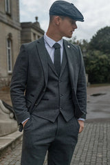 Men's Charcoal Grey 3 Piece Tweed Herringbone Suit - STZ11