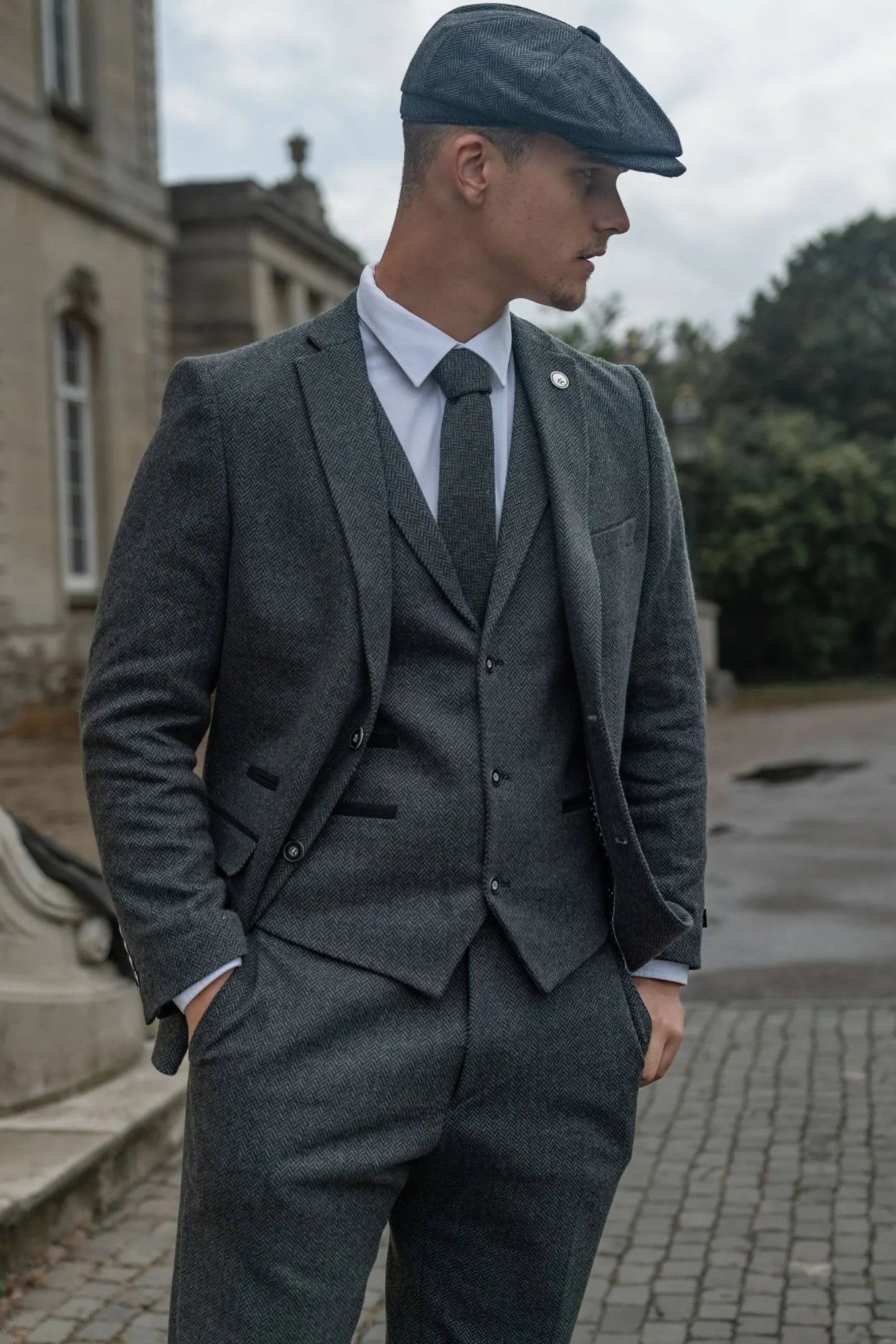 Men's Charcoal Grey 3 Piece Tweed Herringbone Suit - STZ11