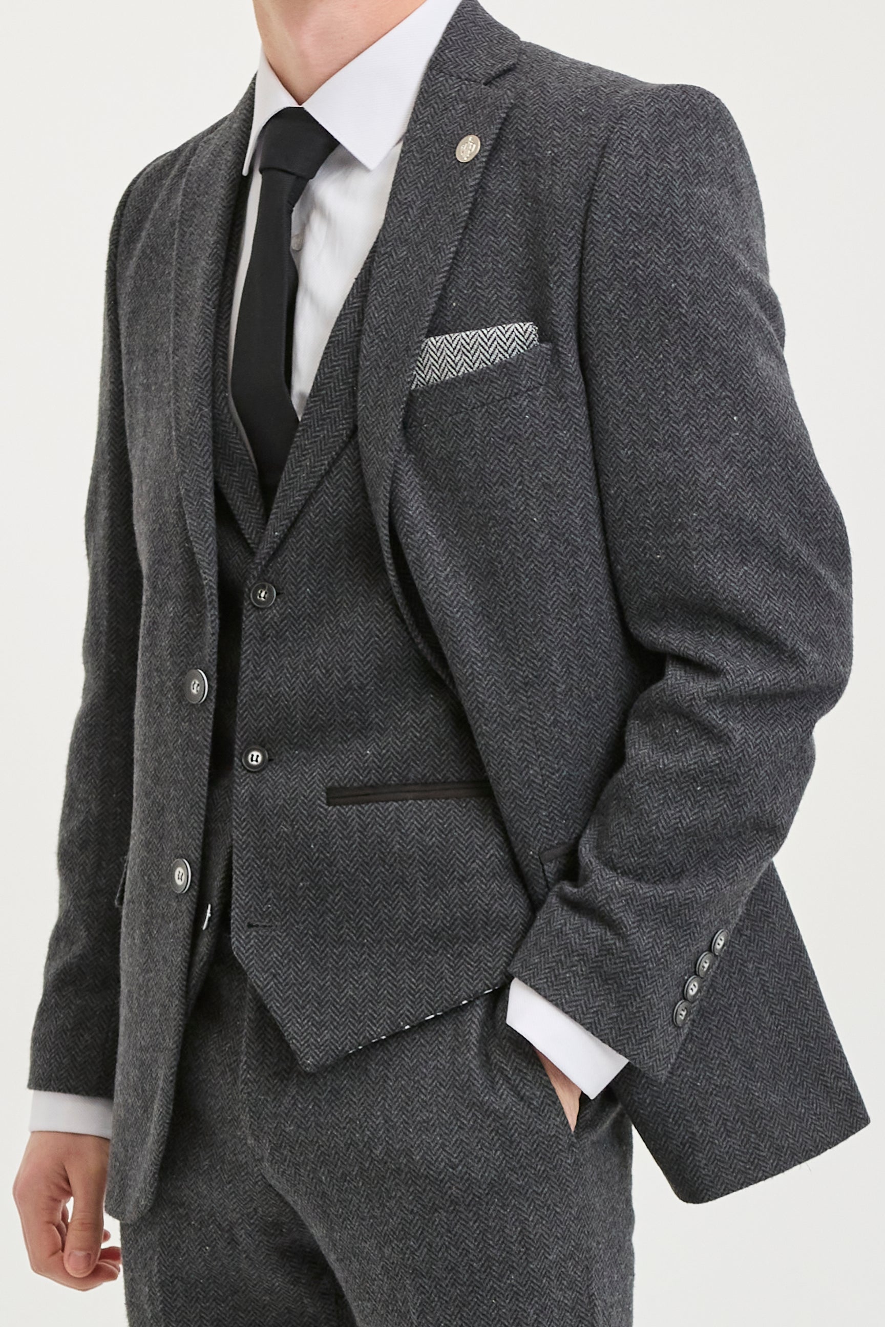 Men's Charcoal Grey 3 Piece Tweed Herringbone Suit - STZ11