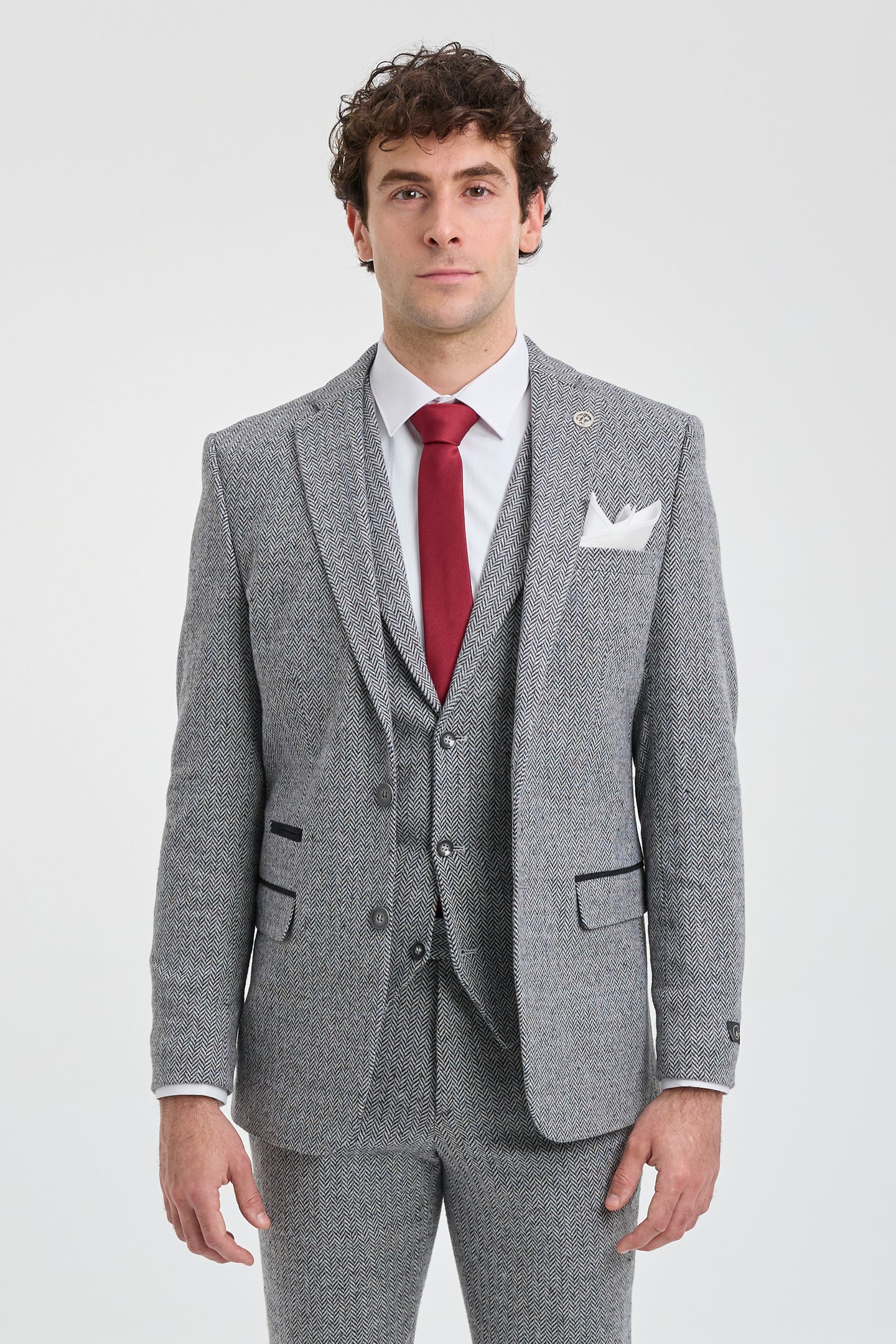 Men's Light Grey 3 Piece Tweed Herringbone Suit - STZ11