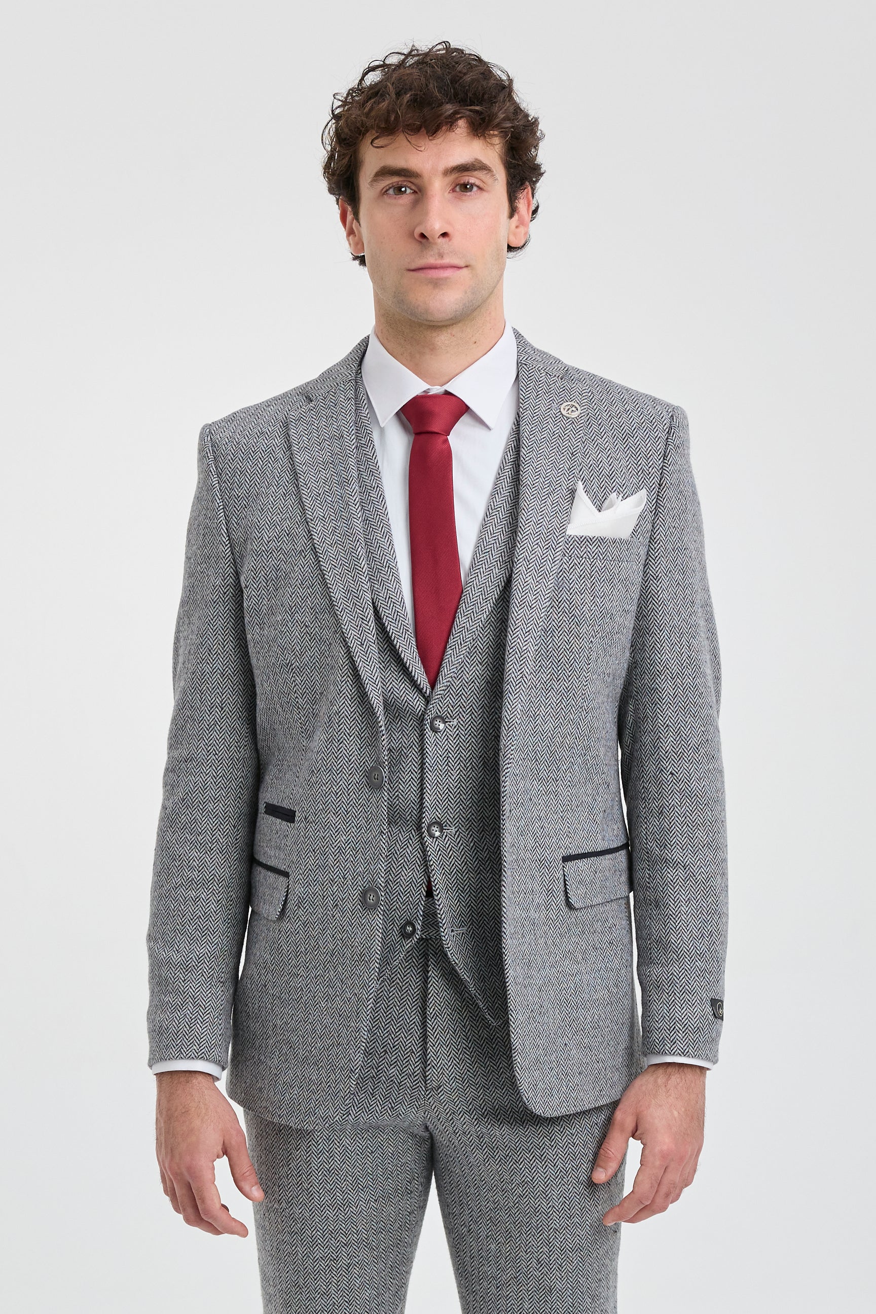 Men's Light Grey 3 Piece Tweed Herringbone Suit - STZ11