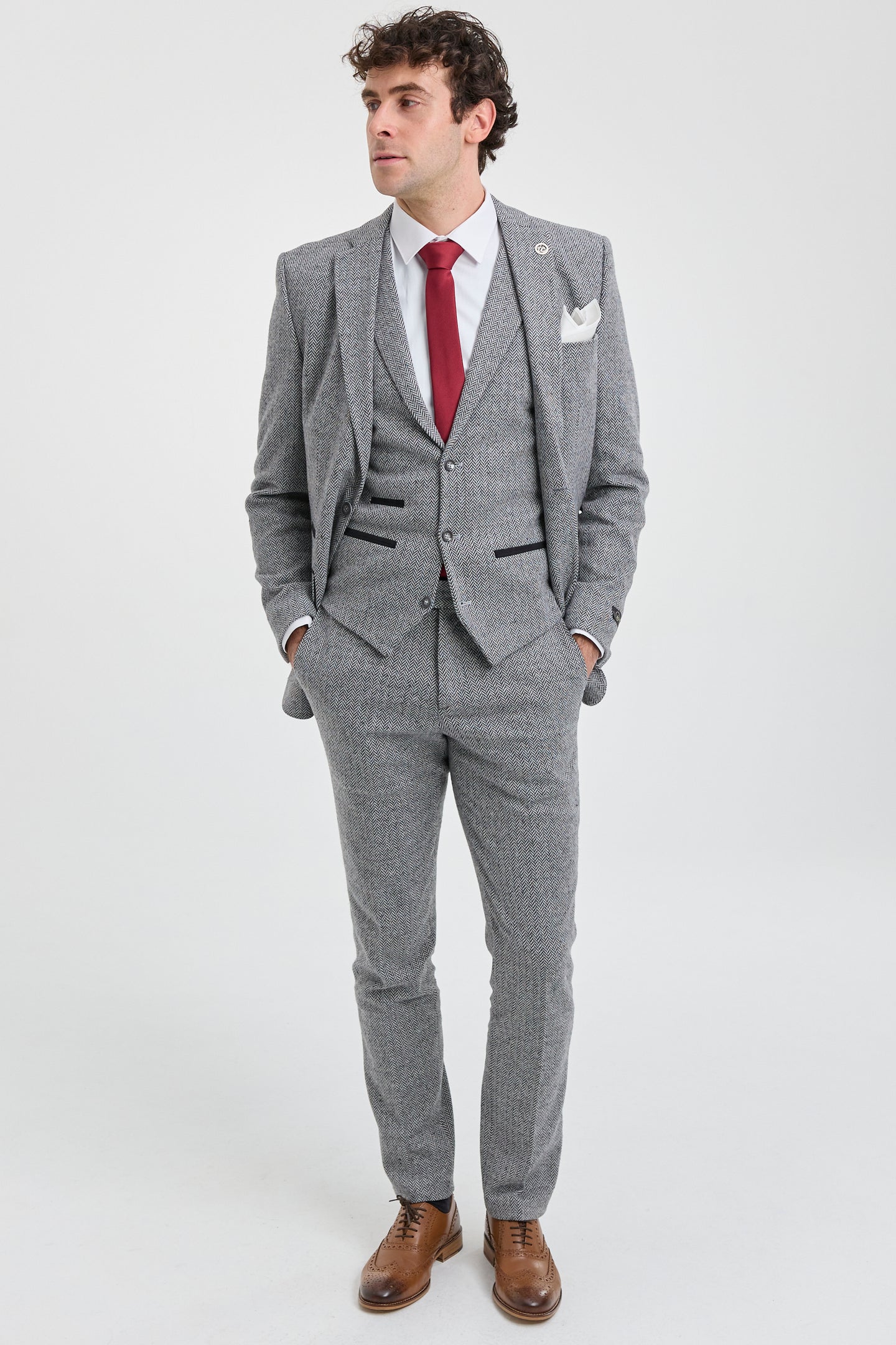 Men's Light Grey 3 Piece Tweed Herringbone Suit - STZ11