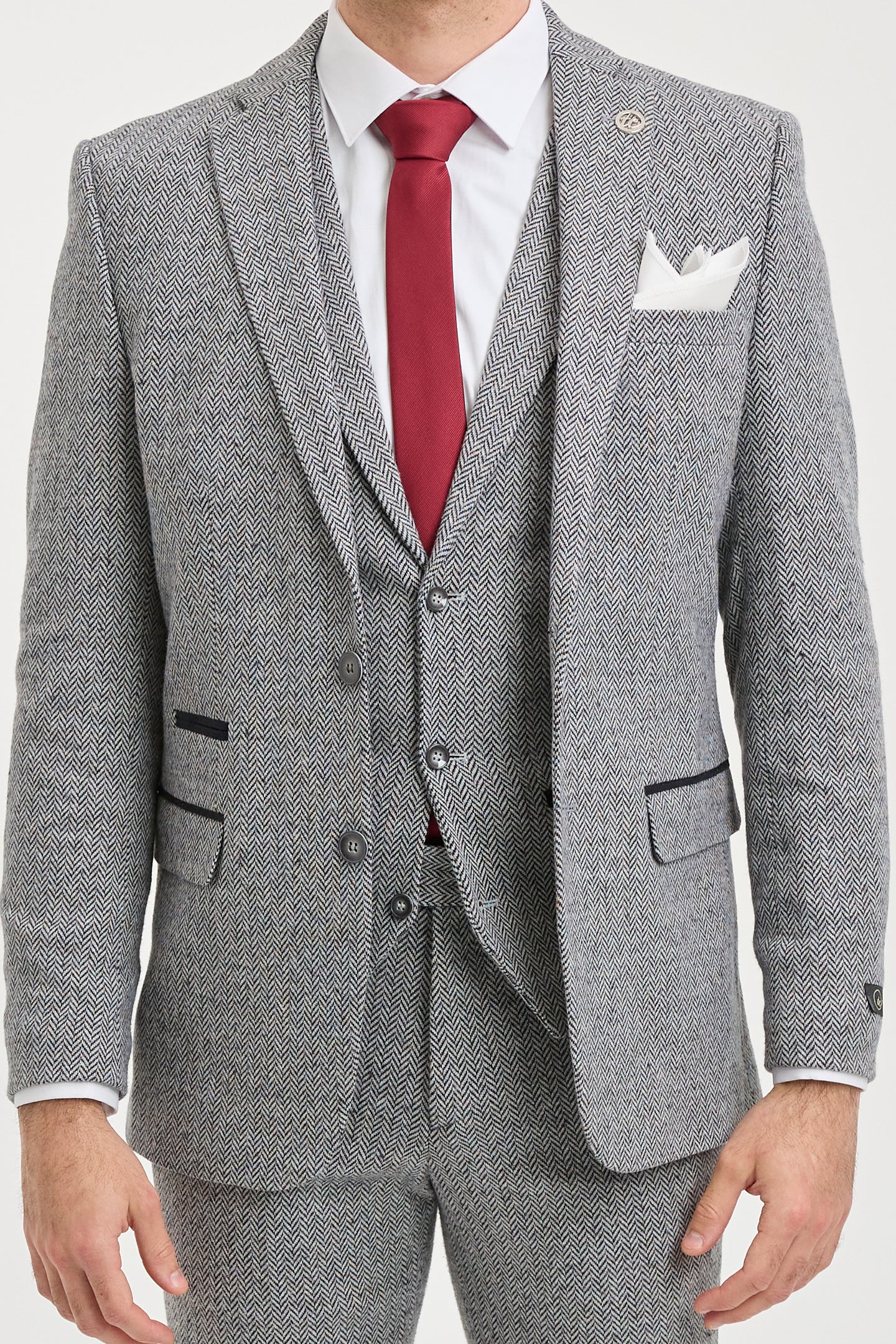 Men's Light Grey 3 Piece Tweed Herringbone Suit - STZ11