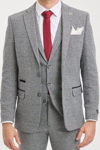 Men's Light Grey 3 Piece Tweed Herringbone Suit - STZ11