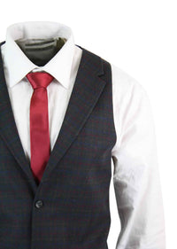 Mens Waistcoat Wool Olive Green with Red Blue Brown Check Tweed Classic Vintage Tailored Fit