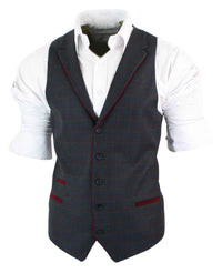 Mens Waistcoat Wool Olive Green with Red Blue Brown Check Tweed Classic Vintage Tailored Fit