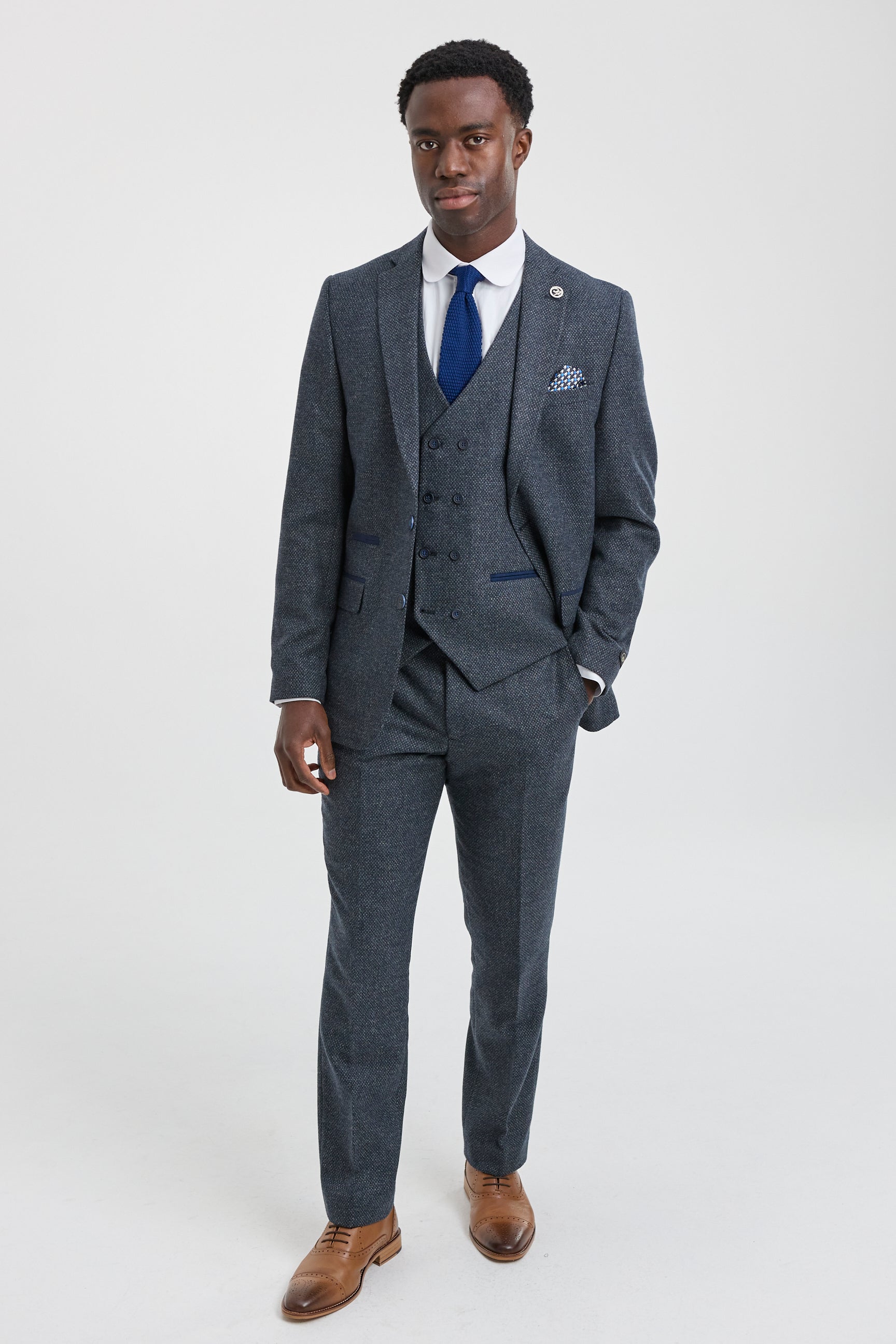 Mens 3 Piece Navy Suit with Double Breasted Waistcoat