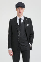 Mens  Black 3 Piece Pinstripe Suit