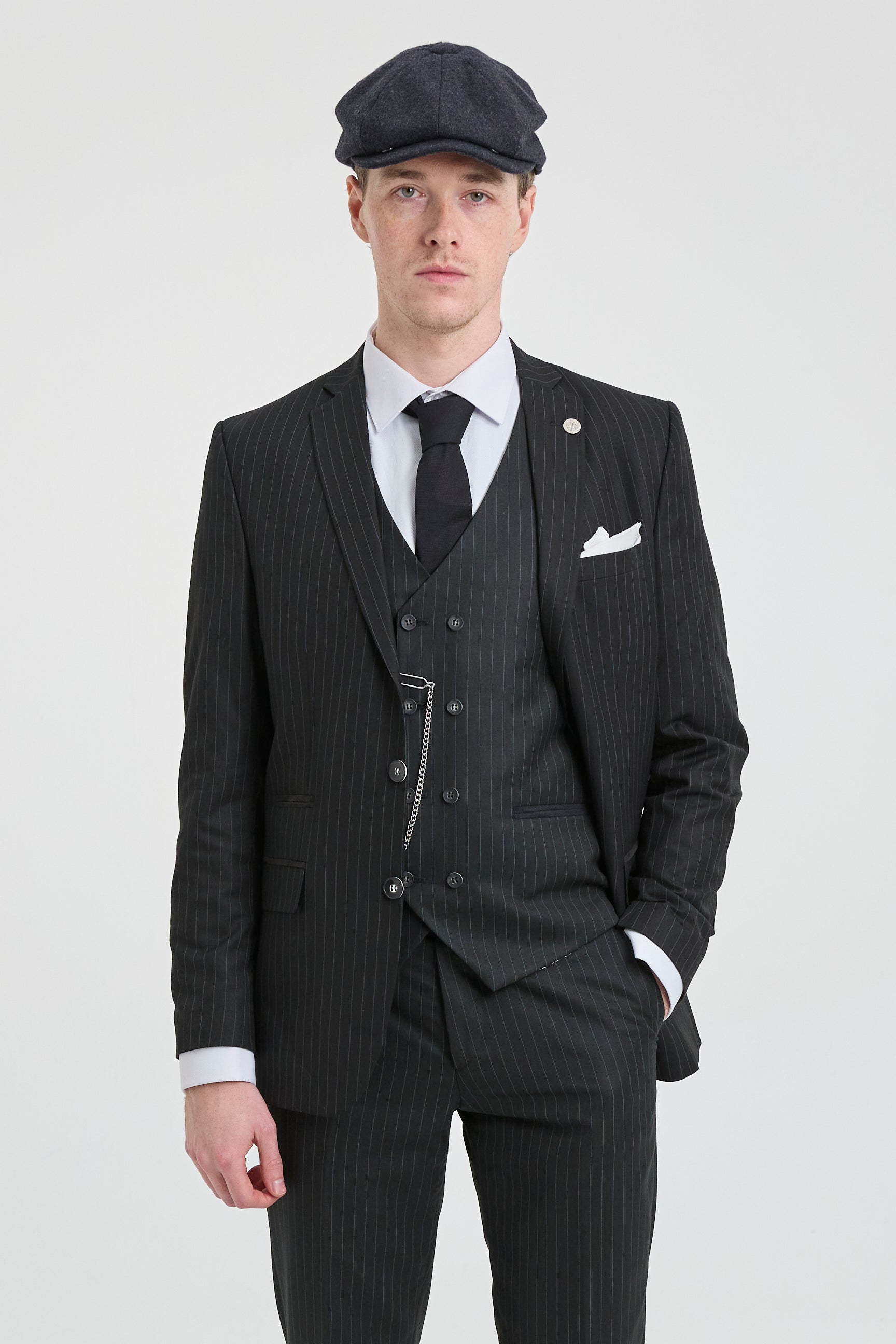 Mens  Black 3 Piece Pinstripe Suit