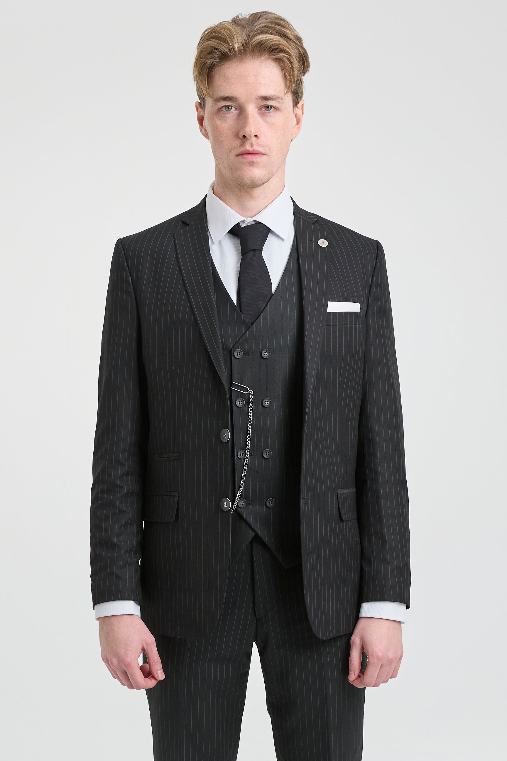 Mens  Black 3 Piece Pinstripe Suit