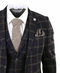 Mens Black - Tan Check Tweed 3 Piece Suit