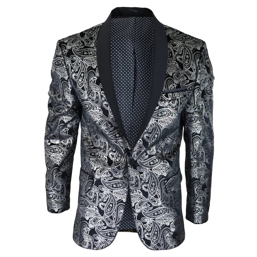 STZ64-65 - Men's Velvet Paisley Floral Blazer Silver Black Tuxedo Jacket