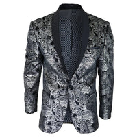 STZ64-65 - Men's Velvet Paisley Floral Blazer Silver Black Tuxedo Jacket