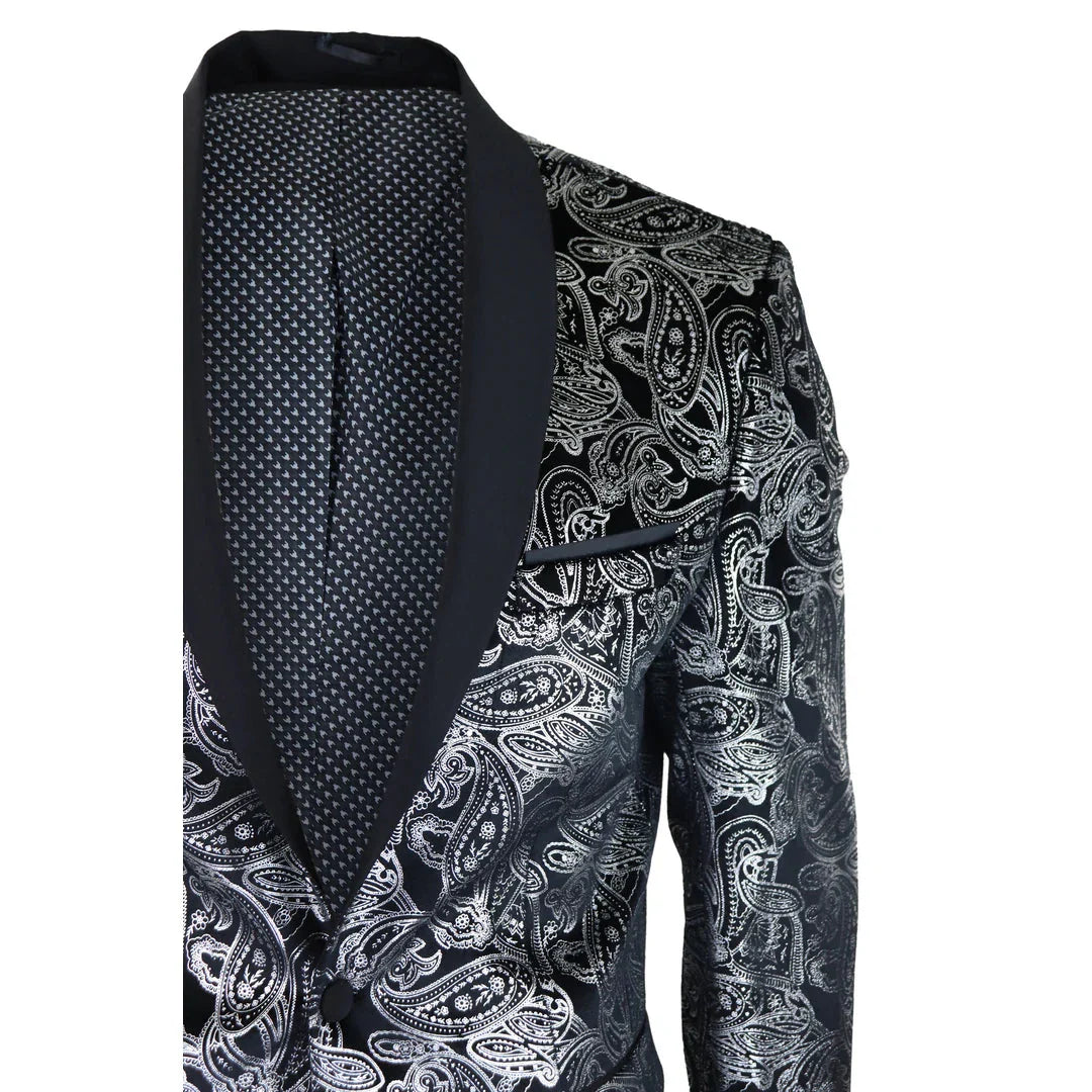 STZ64-65 - Men's Velvet Paisley Floral Blazer Silver Black Tuxedo Jacket
