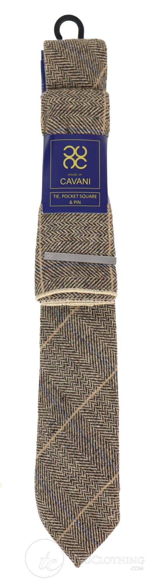 Tan-Brown Check Tweed Tie with Hankie and Tie Clip - Tan Brown