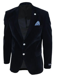 Mens Velvet Blazer Suit Jacket 2 Button Dinner Smart Casual Formal Tailored Fit - Black