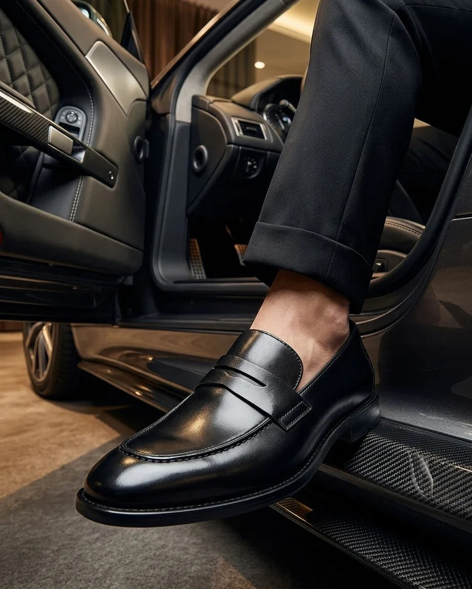Ted - Men's Black Classic Moc Toe Leather Penny Loafers