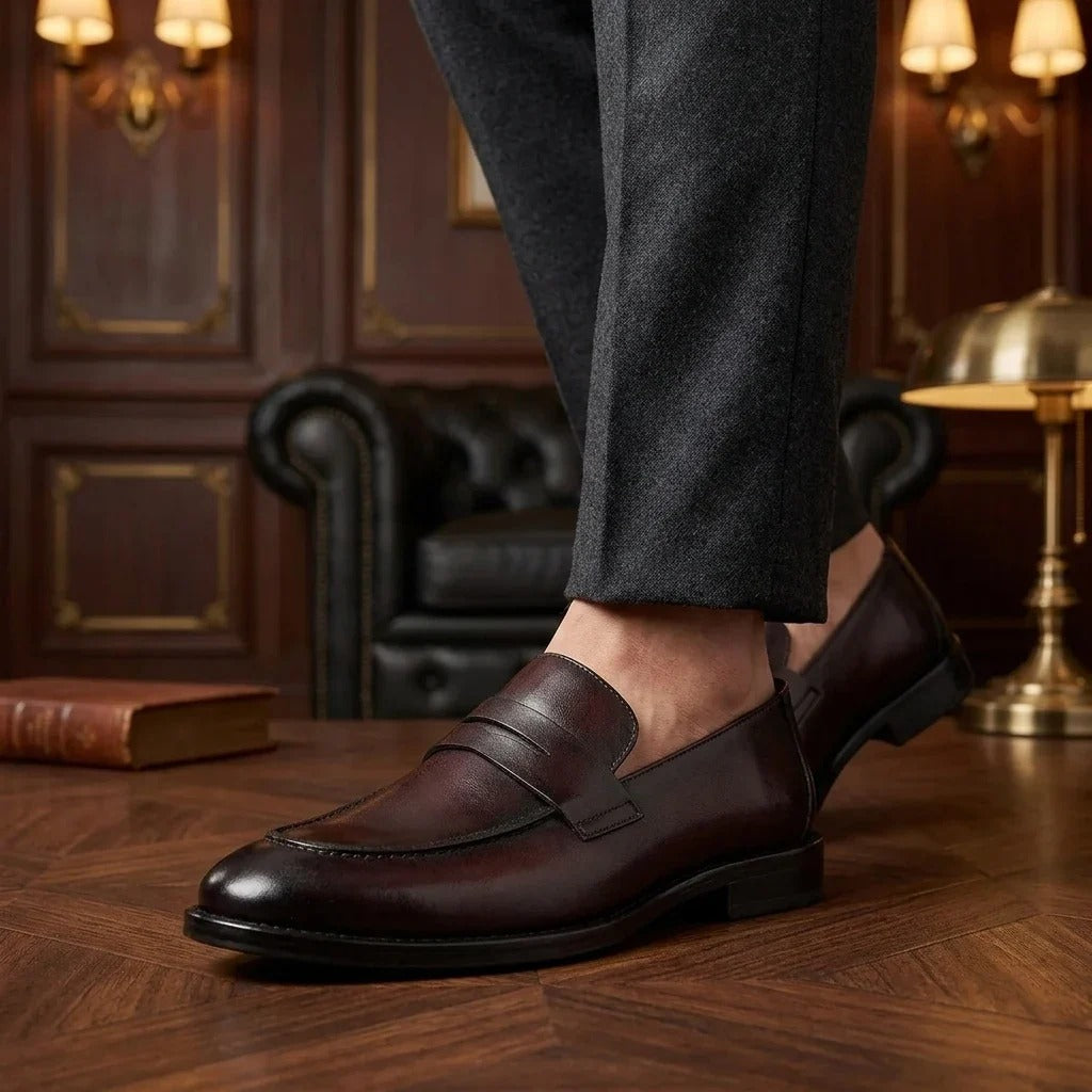 Ted - Men's Brown Classic Moc Toe Leather Penny Loafers