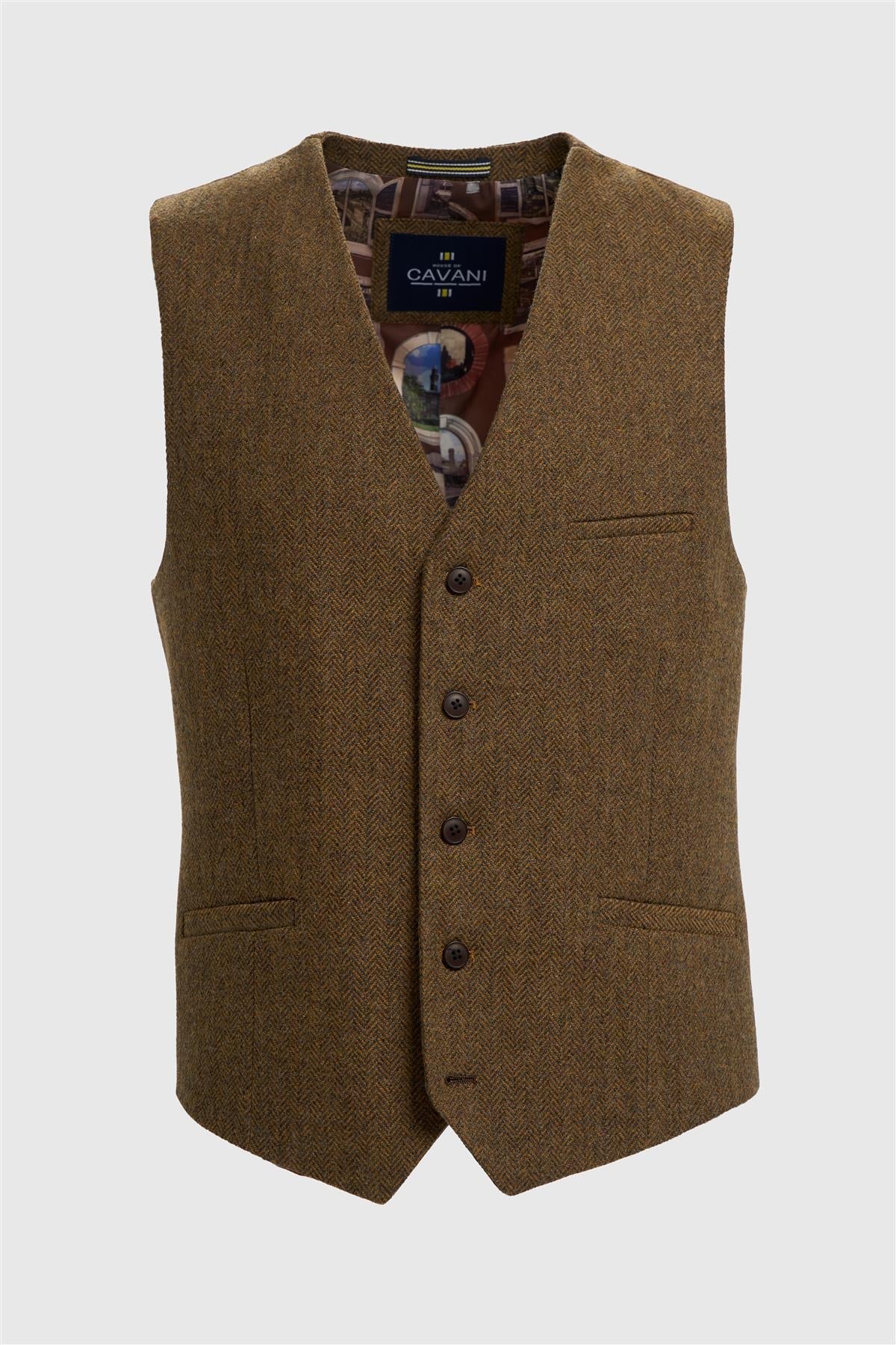 Thomas - Men's Brown Wool Blend Herringbone Tweed Waistcoat