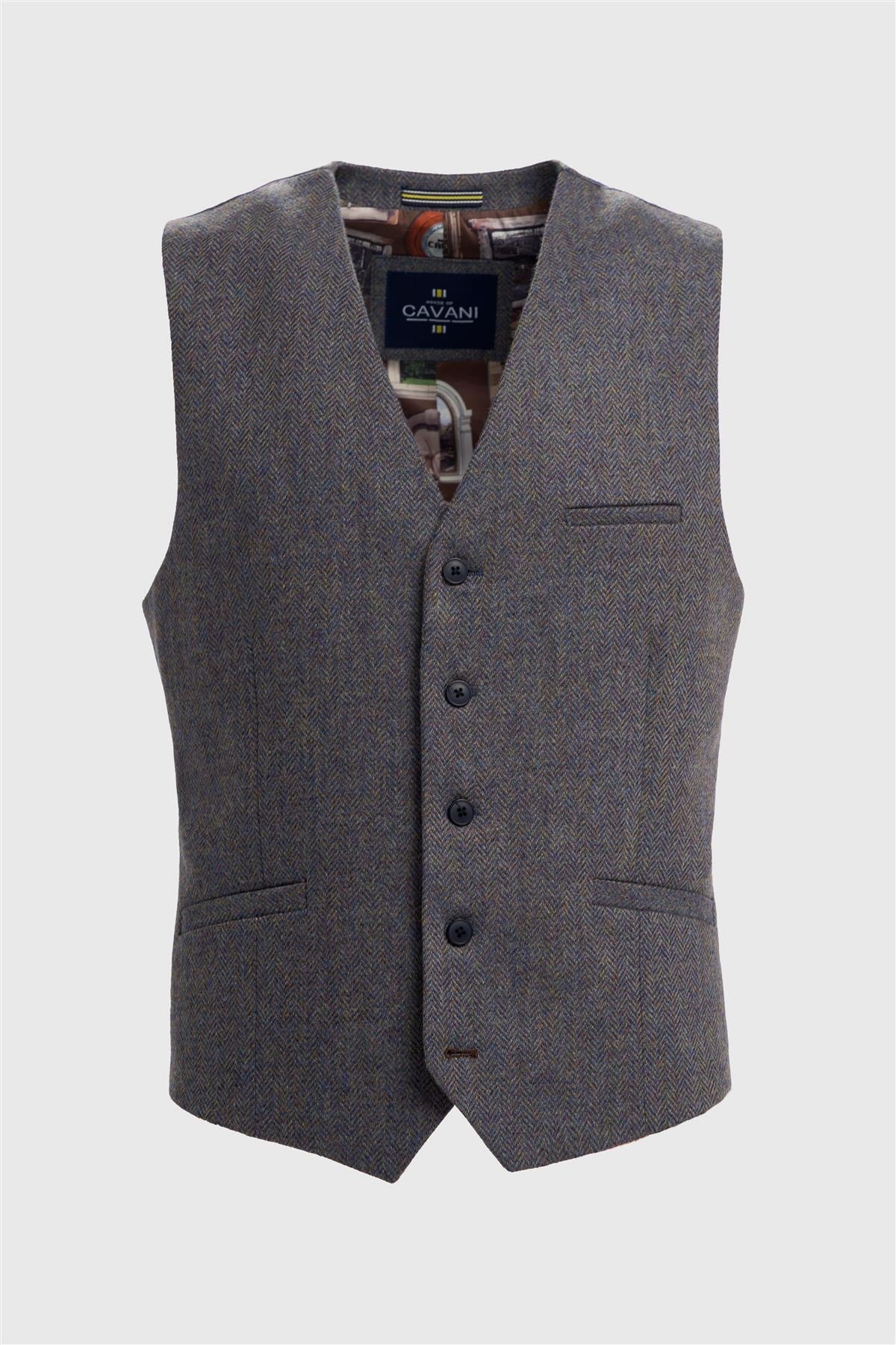 Thomas - Men's Navy Wool Blend Herringbone Tweed Waistcoat