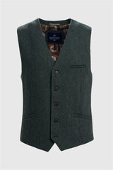 Thomas - Men's Olive Wool Blend Herringbone Tweed Waistcoat
