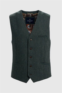 Thomas - Men's Olive Wool Blend Herringbone Tweed Waistcoat