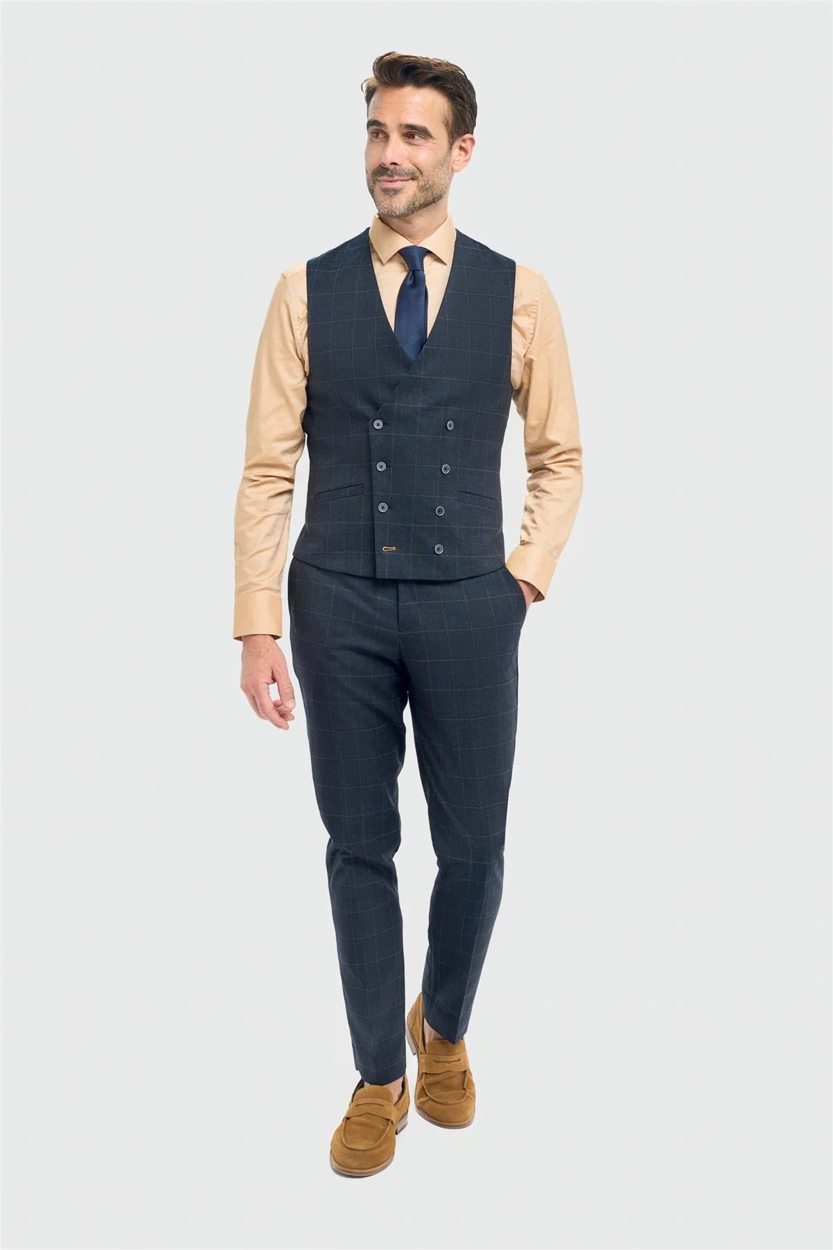 Torino - Men's Navy Check Double Breasted Waistcoat