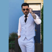 TP-13 - Men's Summer Suit Waistcoat Trousers Linen Formal Baby Blue Wedding