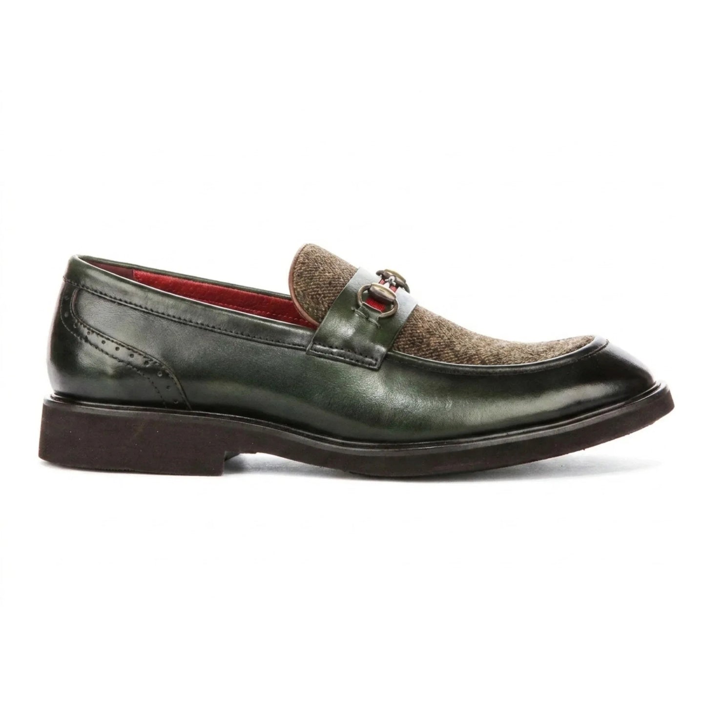 Tristian - Men's Green Leather Herringbone Tweed Loafers
