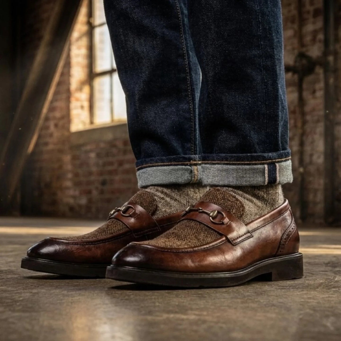 Tristian - Men's Tan Leather Herringbone Tweed Loafers