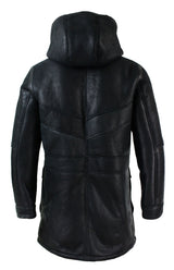 Mens Real Shearling Sheepskin 3/4 Hood Duffle Jacket Black Fur Warm Winter