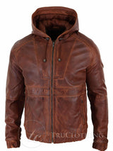 Mens Real Leather Bomber Hood Jacket - Tan