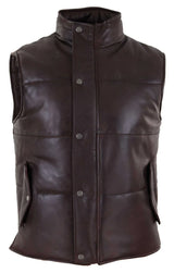 Mens Real Leather Waistcoat Gilet Quilted Puffer Design Warm Zip Casual Brown