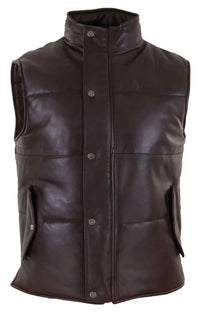 Mens Real Leather Waistcoat Gilet Quilted Puffer Design Warm Zip Casual Brown