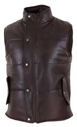 Mens Real Leather Waistcoat Gilet Quilted Puffer Design Warm Zip Casual Brown