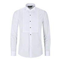 Men's Wing Collar White Shirt Pleated Tuxedo Double Cuff Satin Cotton