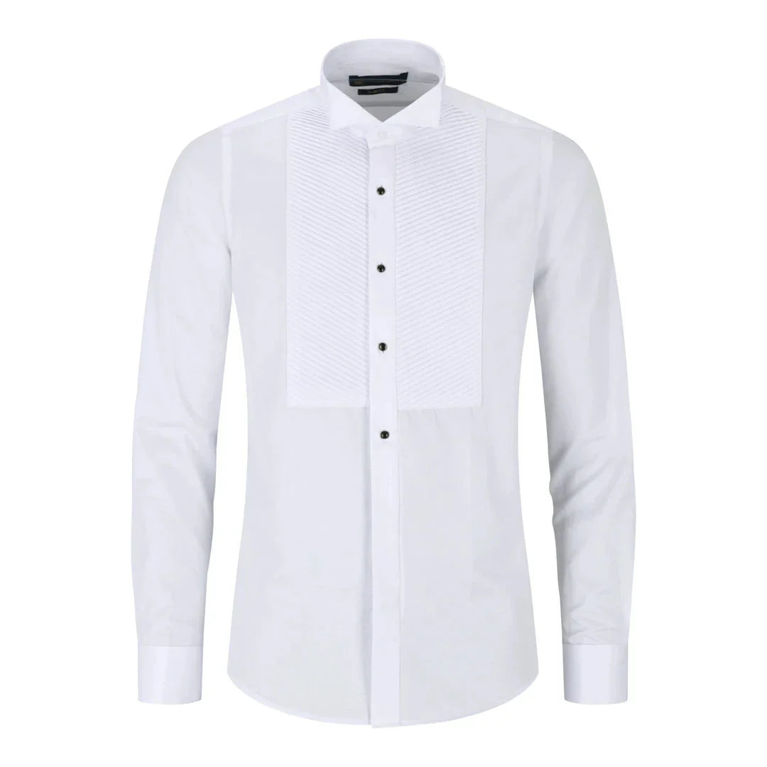 Men's Wing Collar White Shirt Pleated Tuxedo Double Cuff Satin Cotton