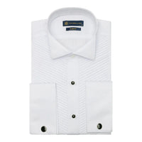 Men's Wing Collar White Shirt Pleated Tuxedo Double Cuff Satin Cotton