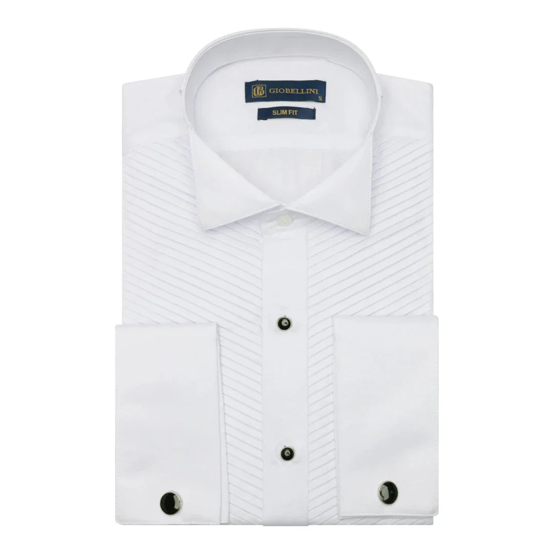Men's Wing Collar White Shirt Pleated Tuxedo Double Cuff Satin Cotton