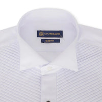 Men's Wing Collar White Shirt Pleated Tuxedo Double Cuff Satin Cotton