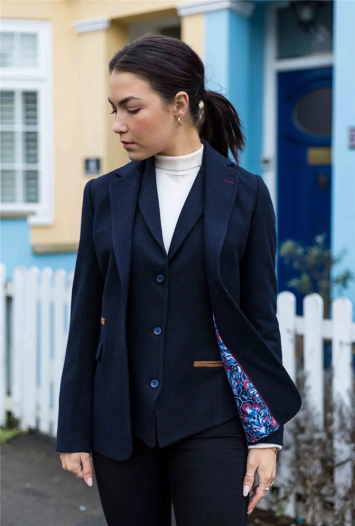 Womens Blazer Suit Wool Tweed Elbow Patch 1920s Vintage Classic Blue