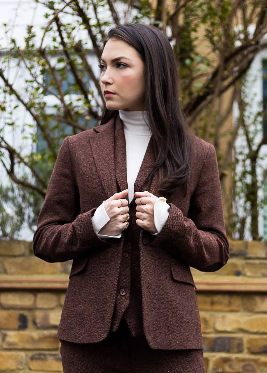 WS-12 - Women's Tweed Suit Blazer Herringbone Wool Rust Brown
